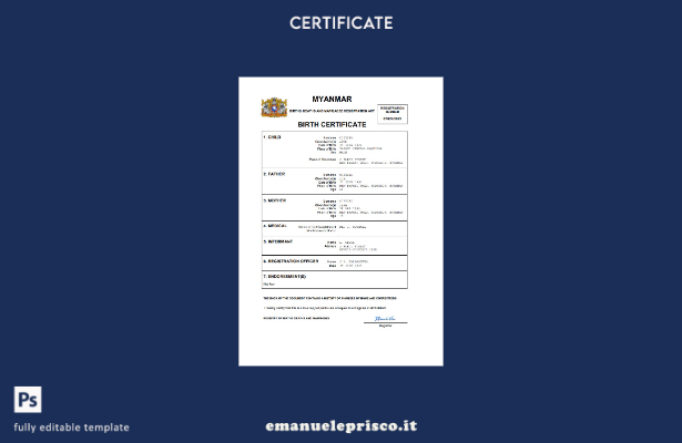 certificato di nascita del documento di stato civile del Myanmar in stile verifi